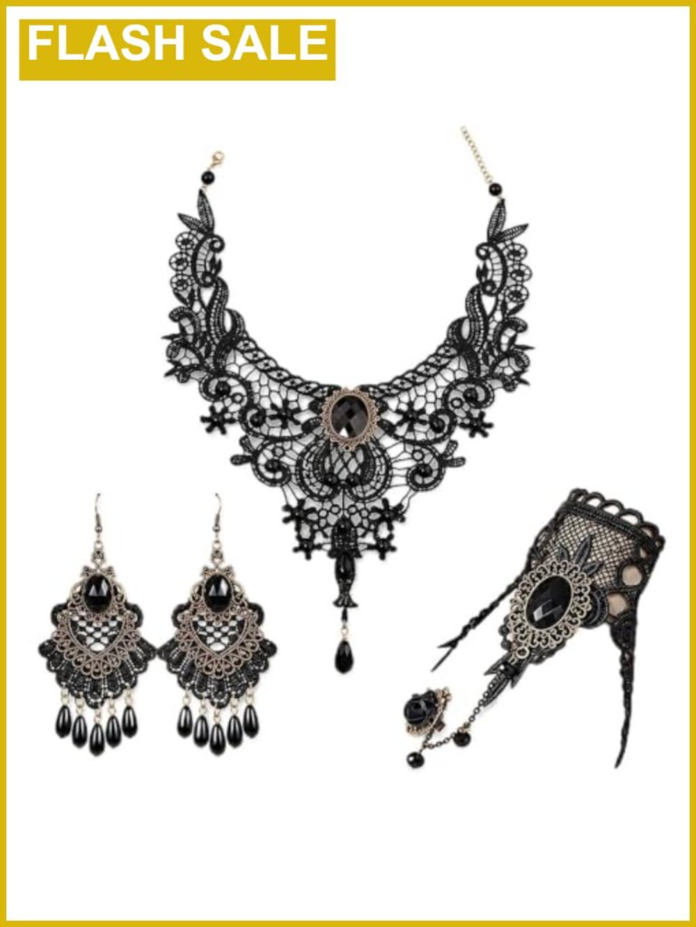 Gothic Lace Choker Necklace Earrings Bracelet Set Witch Costume Jewelry